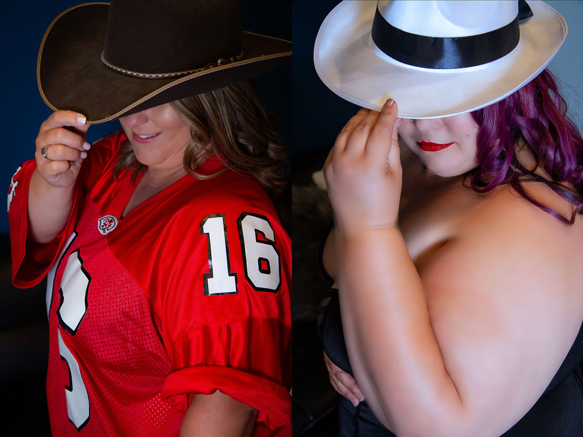 Saskatoon boudoir two women pose with hats, one in a sports jersey and the other with her shoulder exposed
