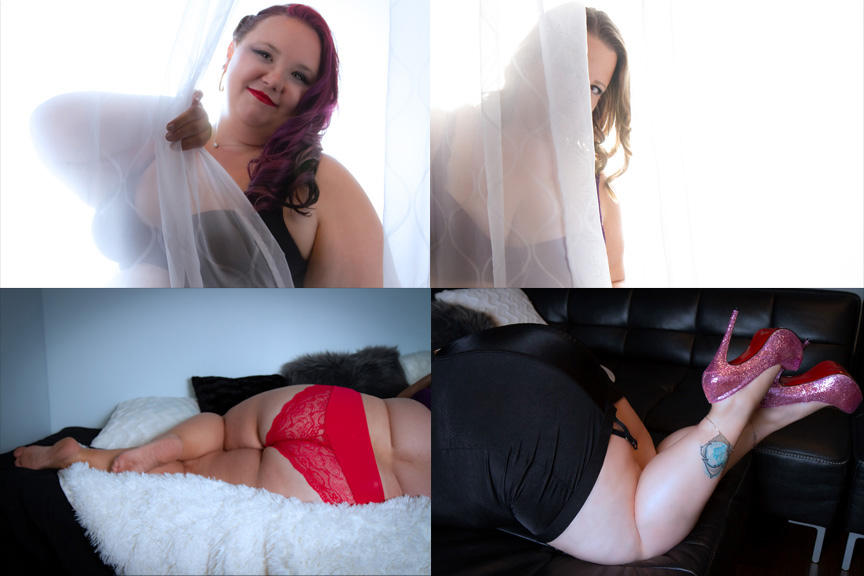 Saskatoon Boudoir Two women pose with sheer curtains and lying down featuring their bottoms in four photos
