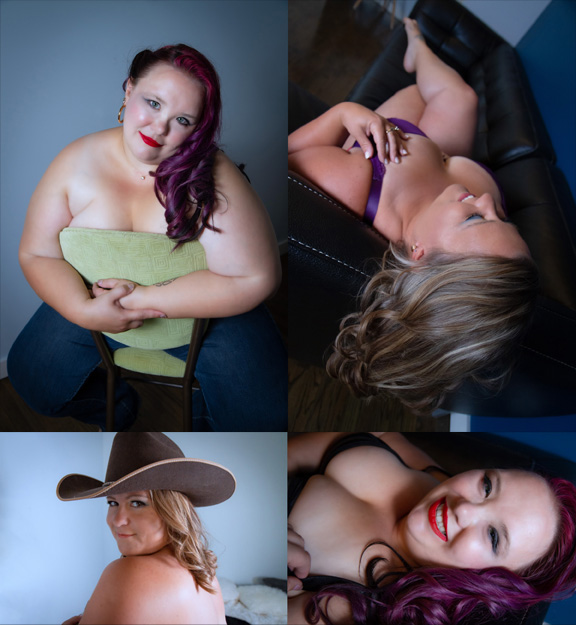 Saskatoon boudoir two women pose and smile at the camera in four different photos