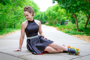 Saskatoon Formal Grad Prom female black dress roller skates Boffins Gardens