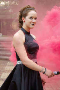 Saskatoon Formal Grad Prom female black dress Boffins Gardens smoke bomb